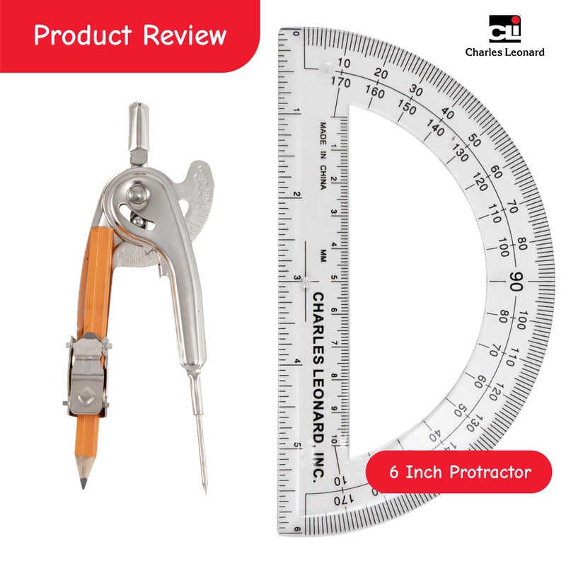 Charles Leonard Ball Bearing Compass and 6 Inch Protractor Combo Set, Metal/Clear Plastic, Assorted Colors, 1 Combo Pack (80960) - Image 2